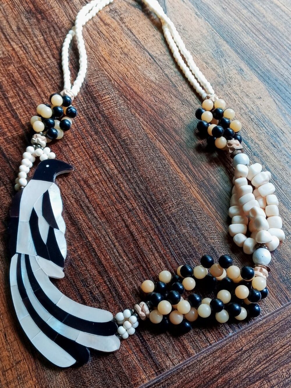 Striking Vintage Mother-of-Pearl Inlay Bird Statement Necklace - Picture 13 of 15